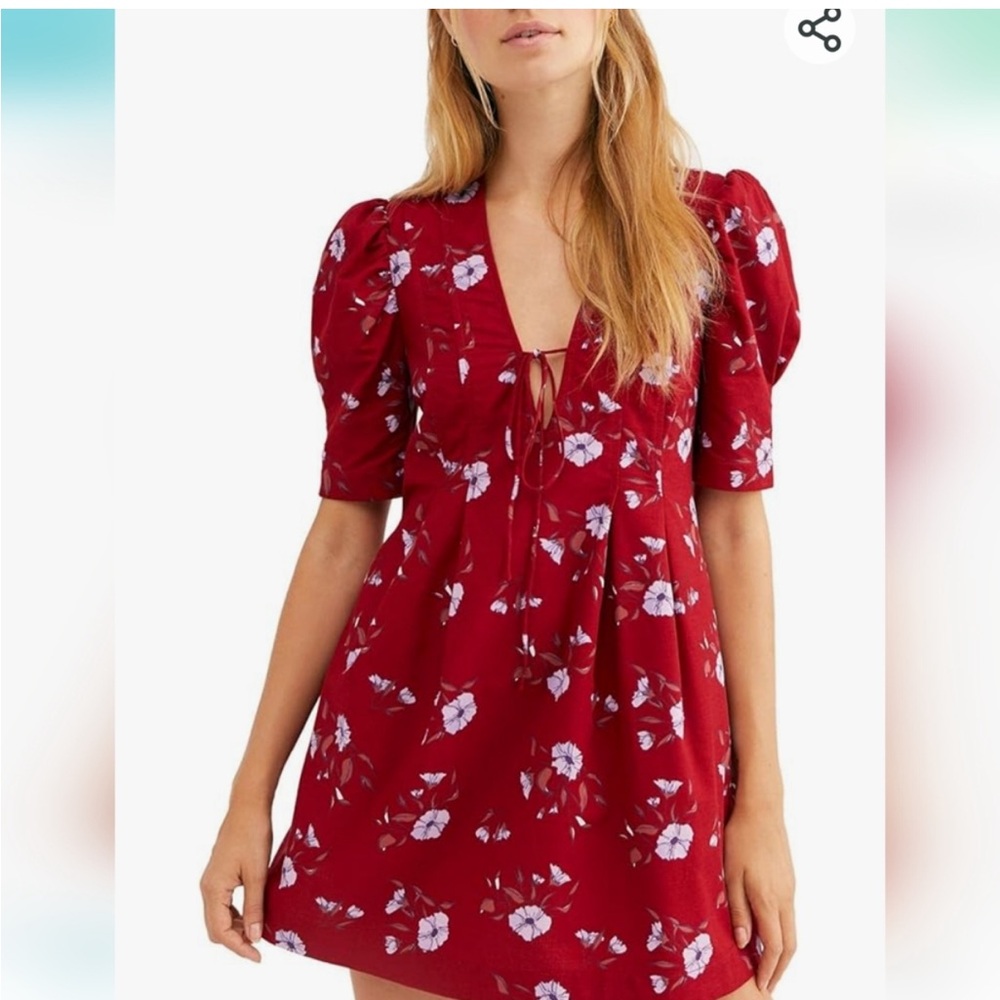 Free People Women's Adelle Red‎ Flower Cotton Mini Boh Dress S